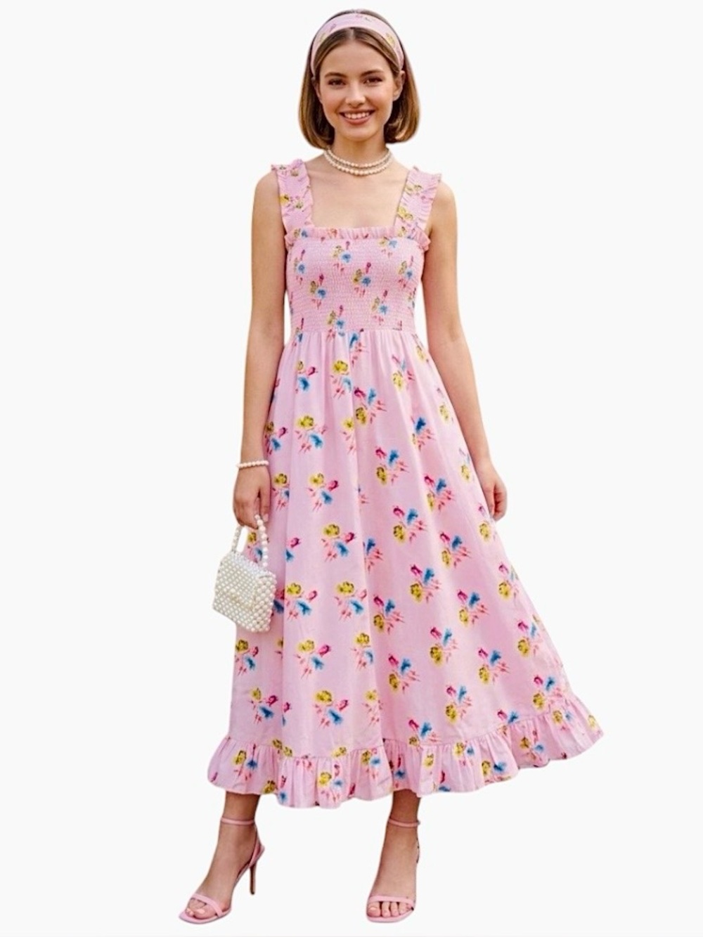 Ganni Smocked Ruffle Pink Floral Midi Dress Organic Cotton 10 12 Designer Party